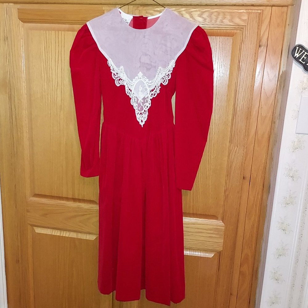 Jo Lene Bright Red Velour Long Sleeve Dress - Size 12 (Girls)